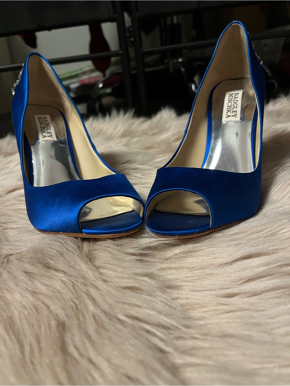 Badgley Mischka Sapphire Blue Satin Peep-Toe Heels